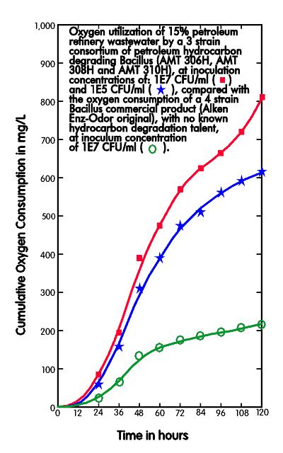 oxygen utilization of 15% petrolum refinery wastewater by a 3 strain consortium of HC degrading Bacillus from Alken-Murray Corporation, strains included in Alken Clear-Flo 5100 and Enz-Odor 12